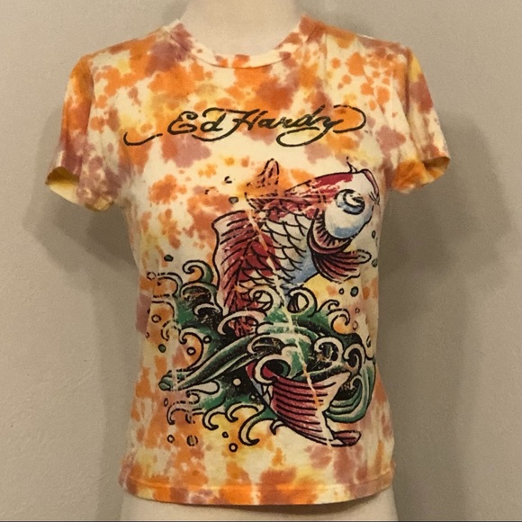 Ed Hardy Tee T-shirt Tie-Dye Koi Fish/Geisha Graphic Short Sleeve Top Small - Picture 2 of 8